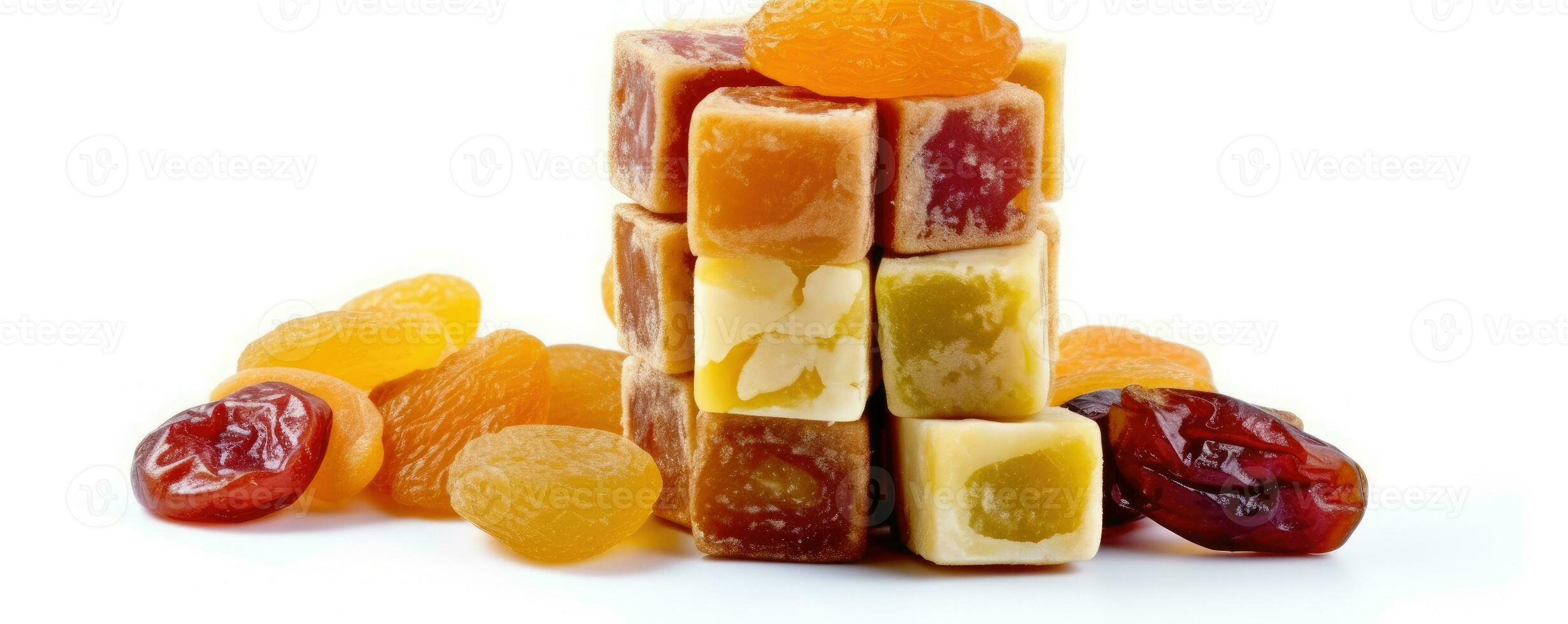 cubo conformado, mezcla seco Fruta en blanco fondo, ai generado foto