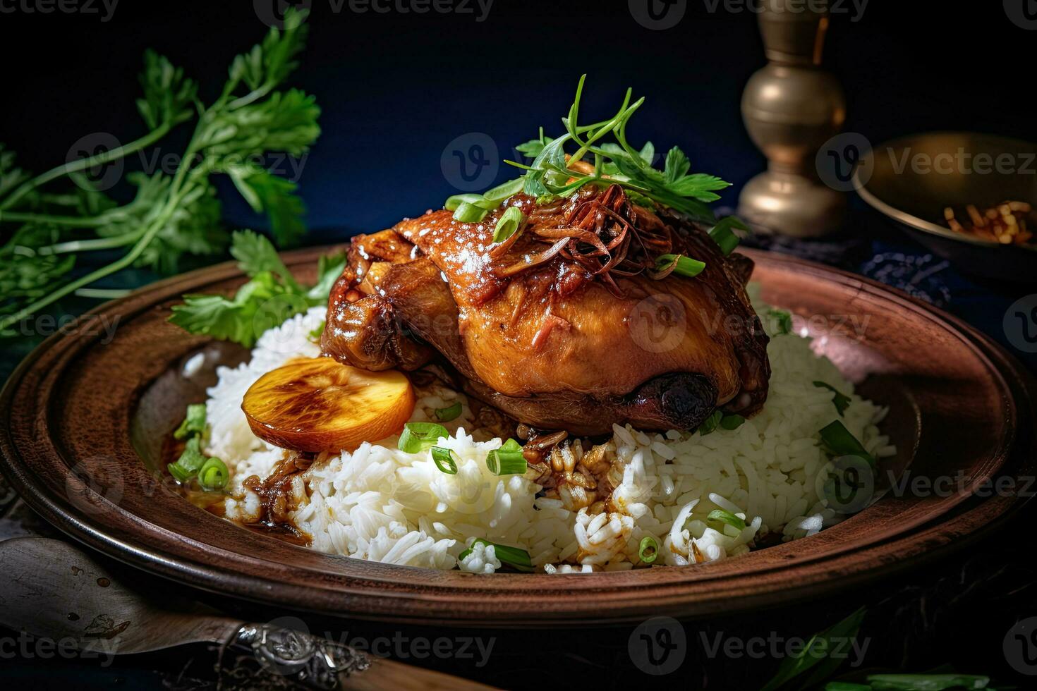 Chicken Biryani with rice and herbs parsley Generative AI photo