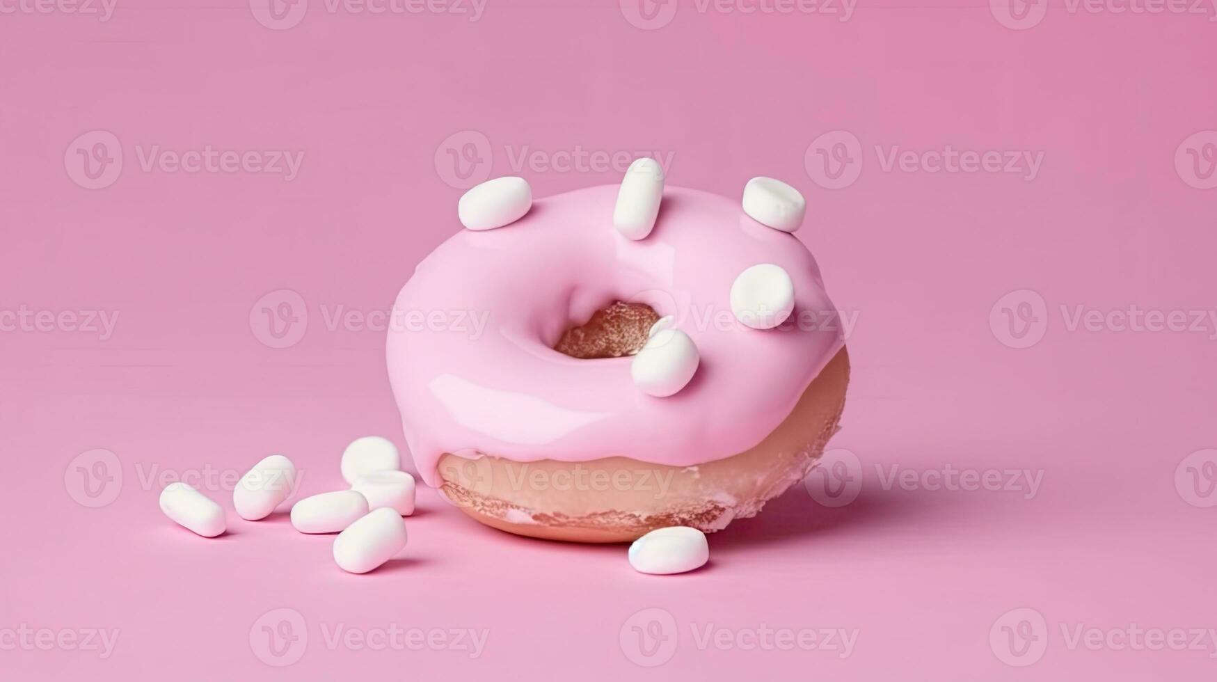 Bitten pink icing donut with marshmallows on pink background, AI Generated photo