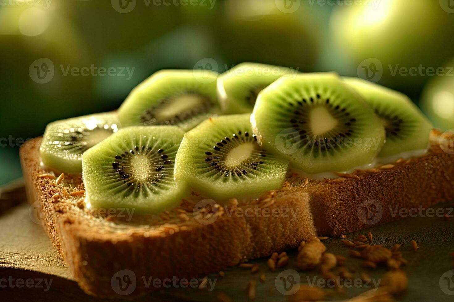 kiwi tostada, macro Disparo de un Fresco desayuno con goteo Miel, ai generado foto