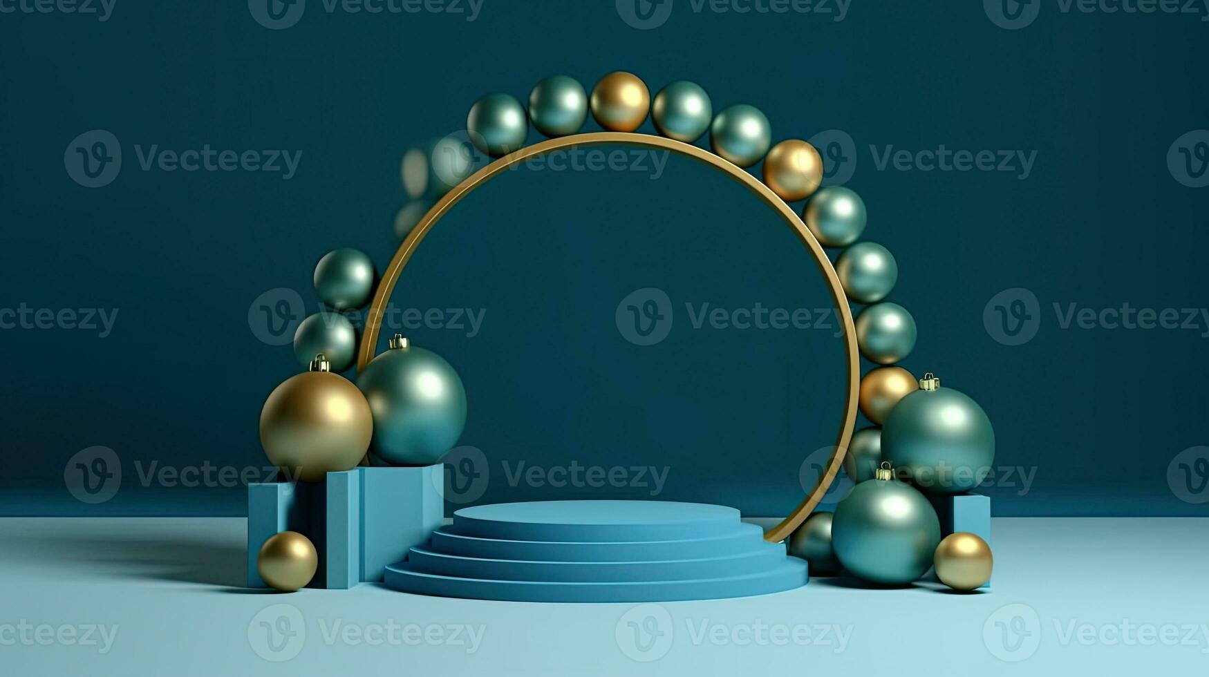 Luxurious 3D Blue Podium Showcasing Magnificent Gold Arch Christmas Tree, AI Generated photo