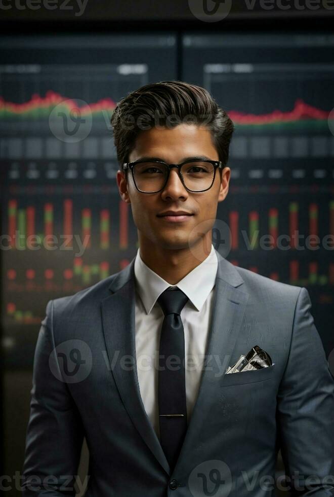 A smart business man with business chart background. photo