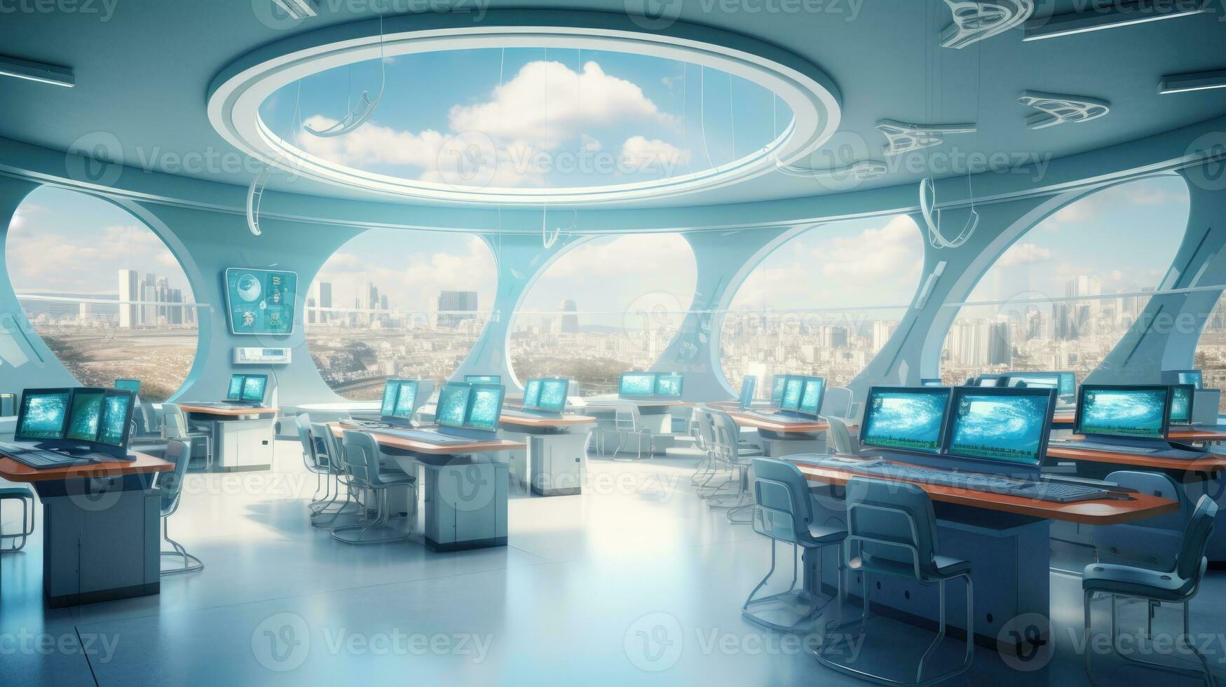 Futuristic classroom in school of the future. Classroom for classes or lectures photo