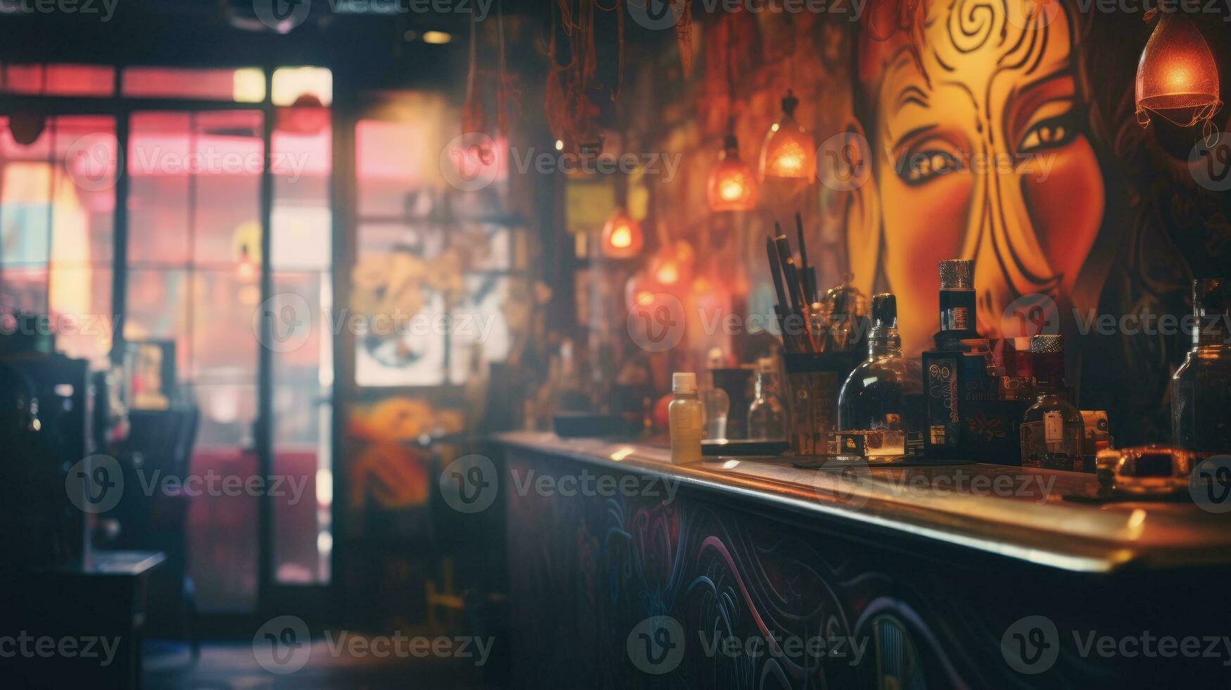 Blurred background of a tattoo parlor. Interior of a city tattoo studio. photo