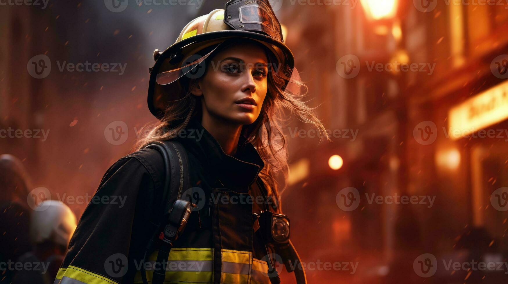 Female firefighter against the backdrop of a burning building. photo