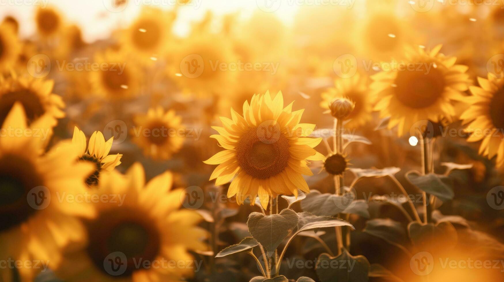 Beautiful panoramic view of field of sunflowers in the light of the setting sun. photo