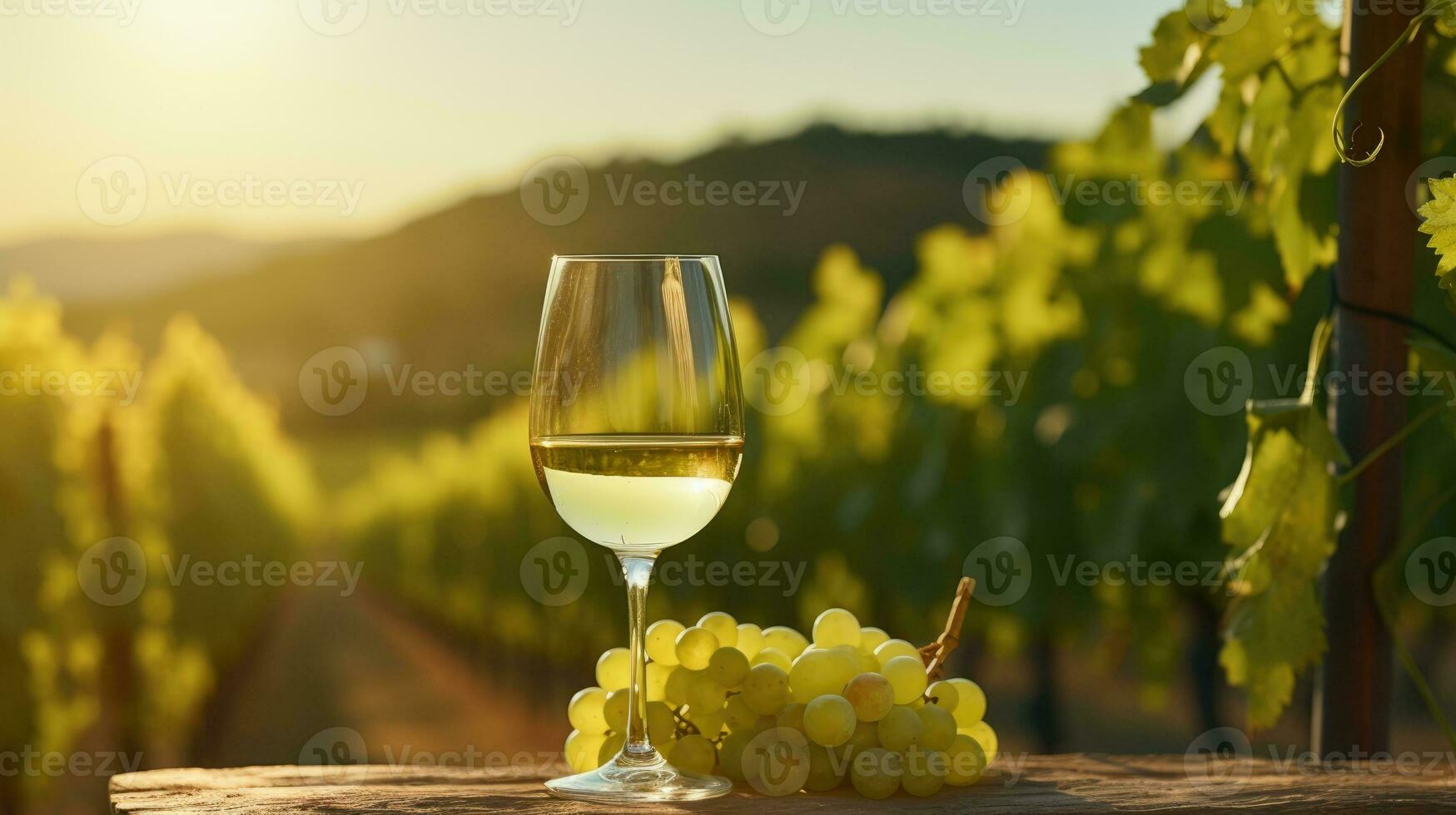 A glass of white wine against the backdrop of vineyards in the sun. photo