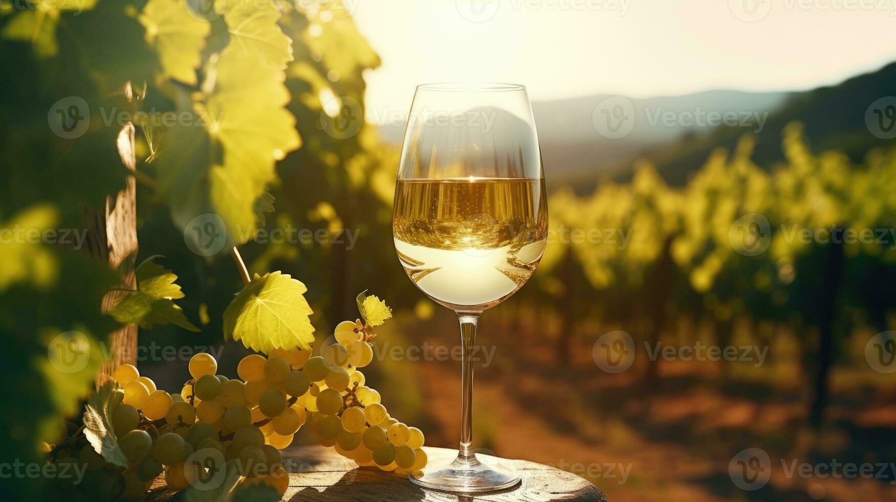 A glass of white wine against the backdrop of vineyards in the sun. photo