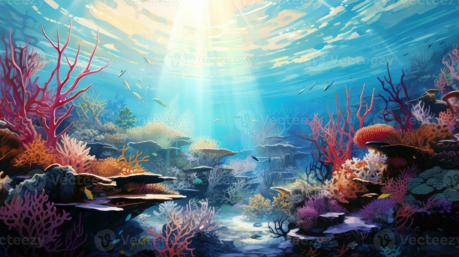 Underwater sea world. Ecosystem. Bright multi-colored corals on the ocean floor photo