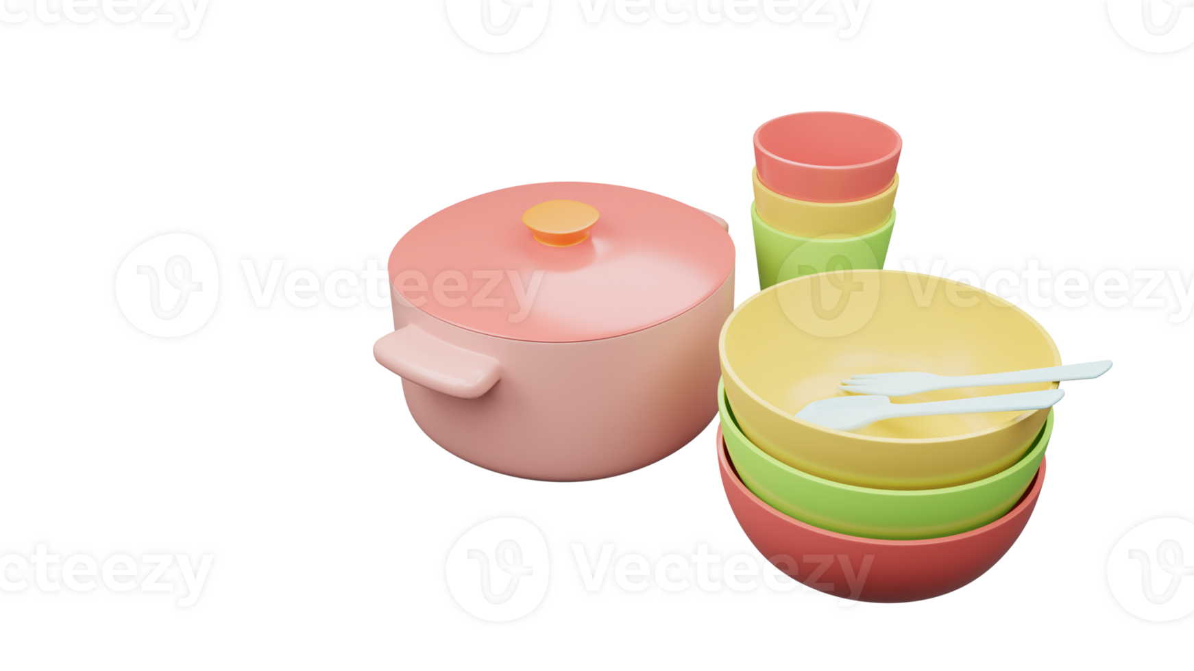 3D rendering of realistic bowl, pot, glasses, dishes, fork and spoon, Picnic for meal set, camping and hiking bowl set png
