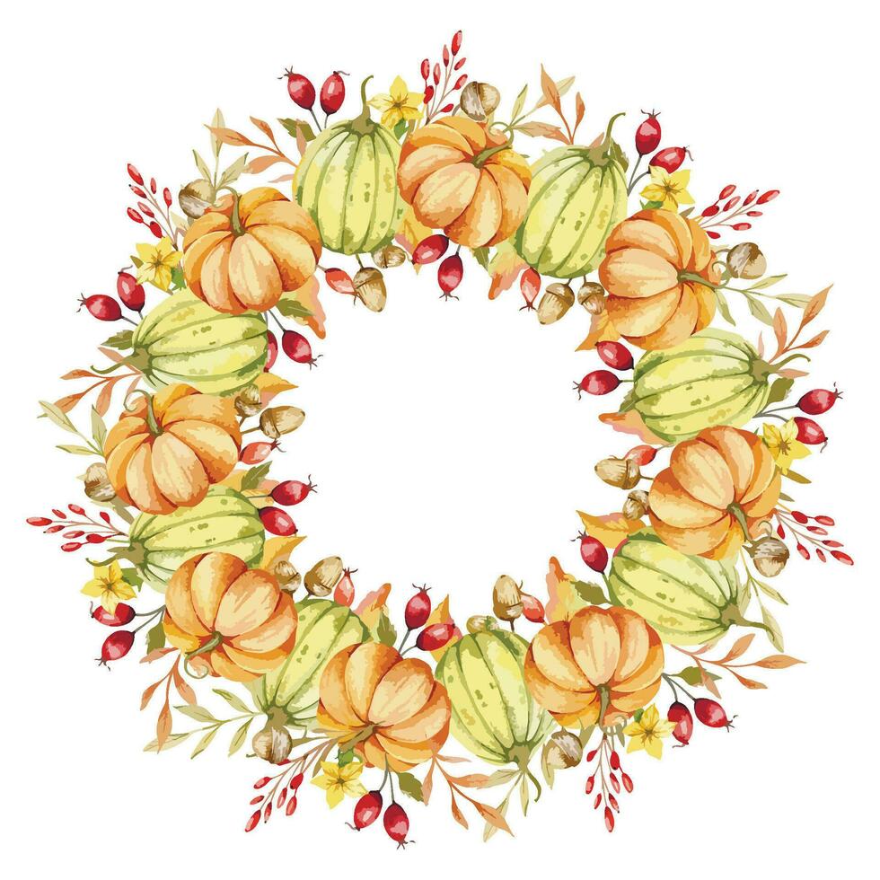 Autumn Thanksgiving Frame with Watercolor Pumpkins and greenery, Floral Thanksgiving Wreath. Fall floral frame with Pumpkins, Berries and Leaves vector