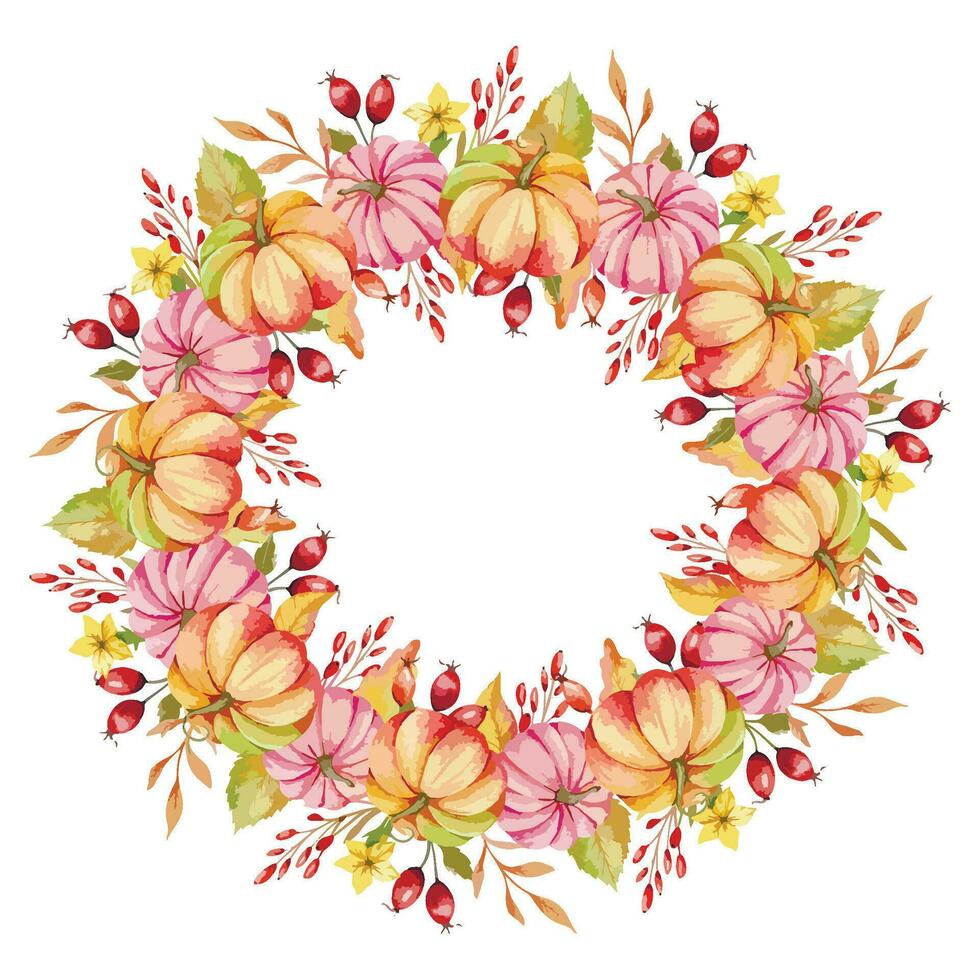 Autumn Thanksgiving Frame with Watercolor Pumpkins and greenery, Floral Thanksgiving Wreath. Fall floral frame with Pumpkins, Berries and Leaves vector