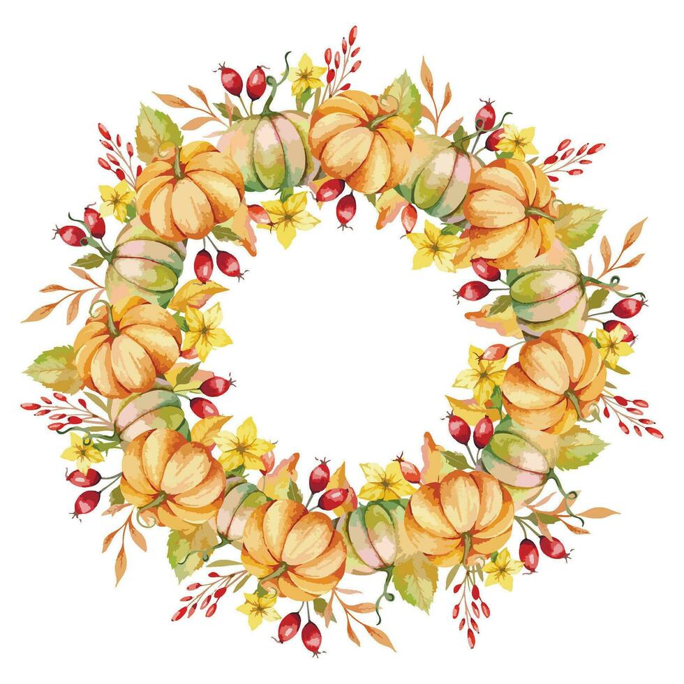 Autumn Thanksgiving Frame with Watercolor Pumpkins and greenery, Floral Thanksgiving Wreath. Fall floral frame with Pumpkins, Berries and Leaves vector