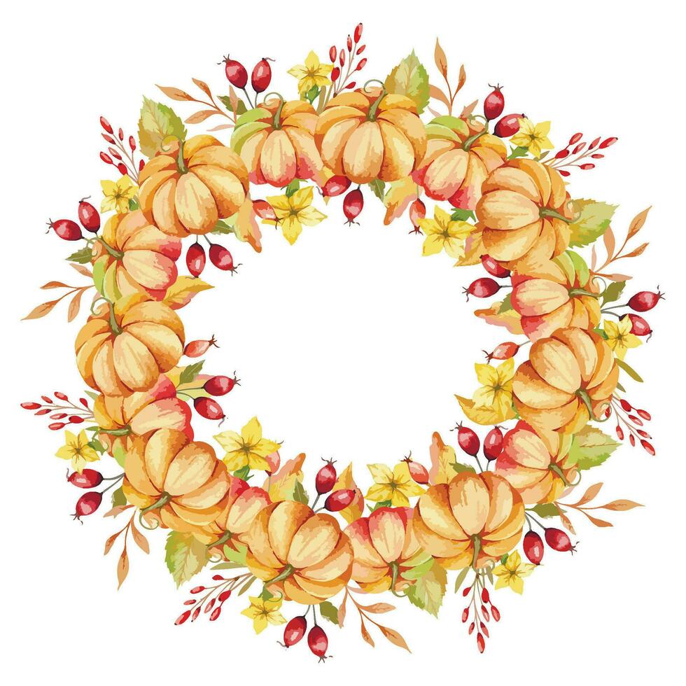 Autumn Thanksgiving Frame with Watercolor Pumpkins and greenery, Floral Thanksgiving Wreath. Fall floral frame with Pumpkins, Berries and Leaves vector