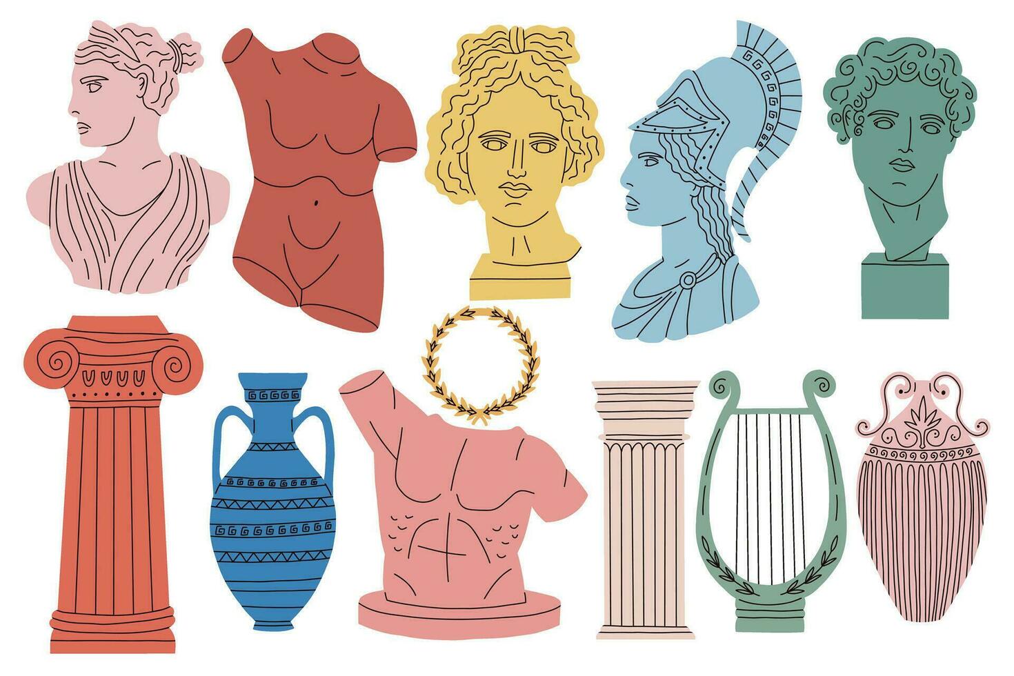 conjunto antiguo estatua columna cabeza florero vector