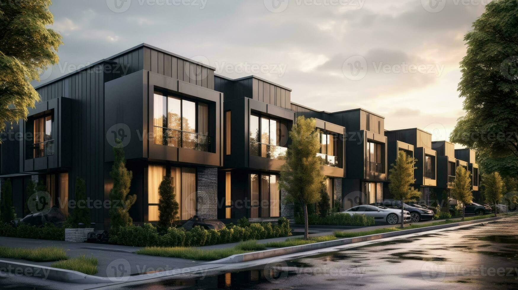 Modern modular private black townhouses. Residential architecture exterior. photo