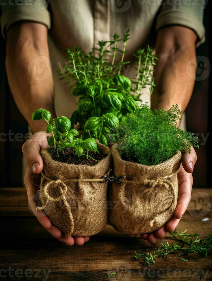 Person Holding a pot of herbs, Sustainability Generative AI photo