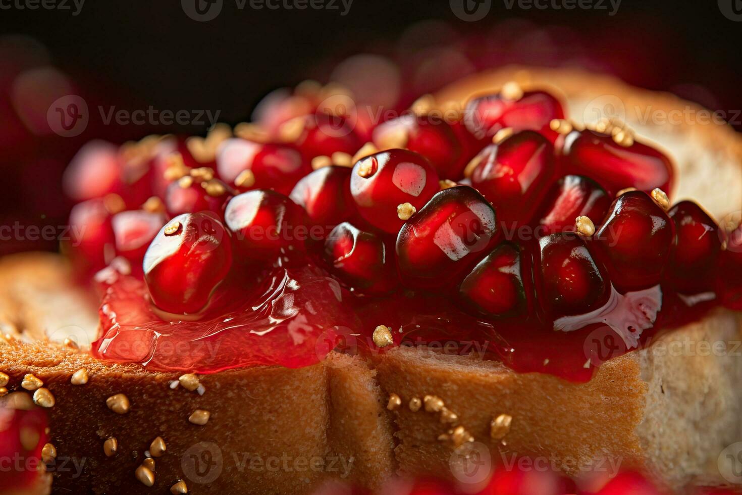 Pomegranate toast, macro shot of a fresh breakfast with Dripping Honey, AI Generated photo