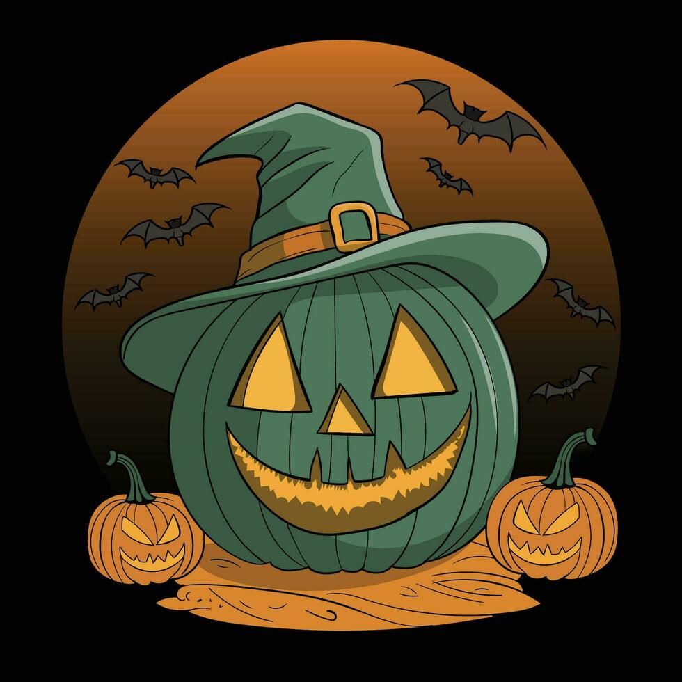 halloween pumpkin with witch hat and bats vector illustration