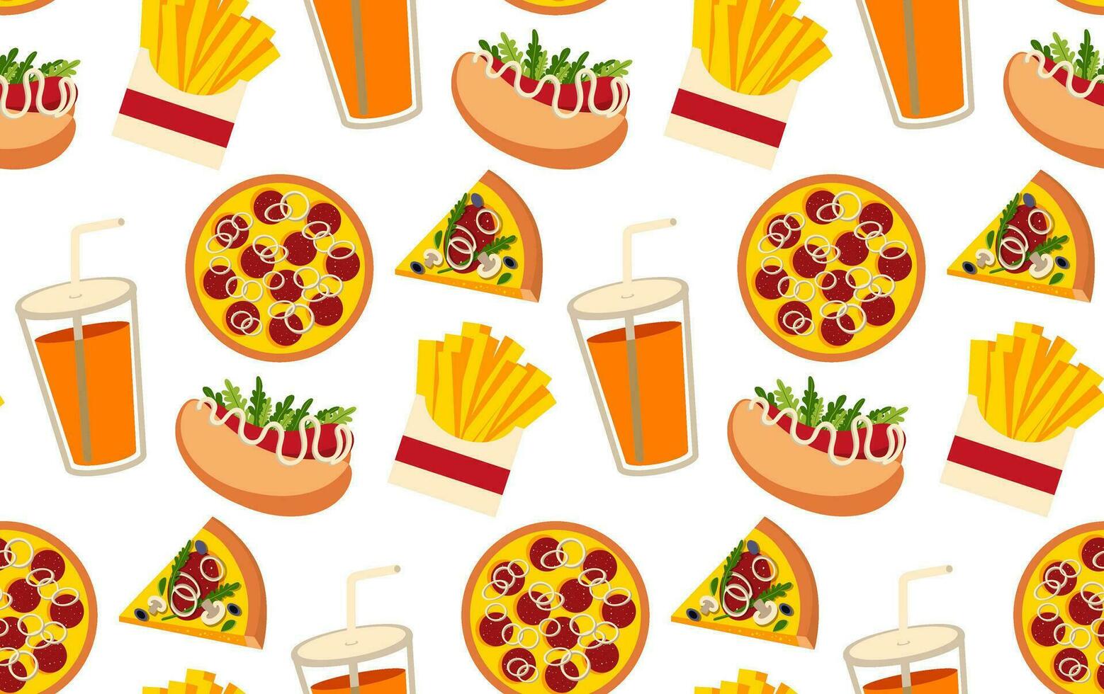 Fast food seamless pattern. Vector background with burger, hod dog, pizza, glass with straw, piece of pizza, french fries. Fast food illustration in flat style.