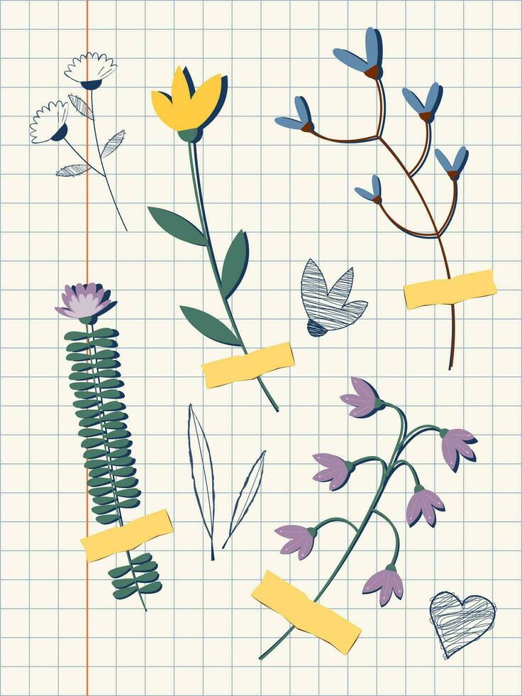 Herbarium vector illustration in flat style. Dried flowers are glued to checkered notebook paper.
