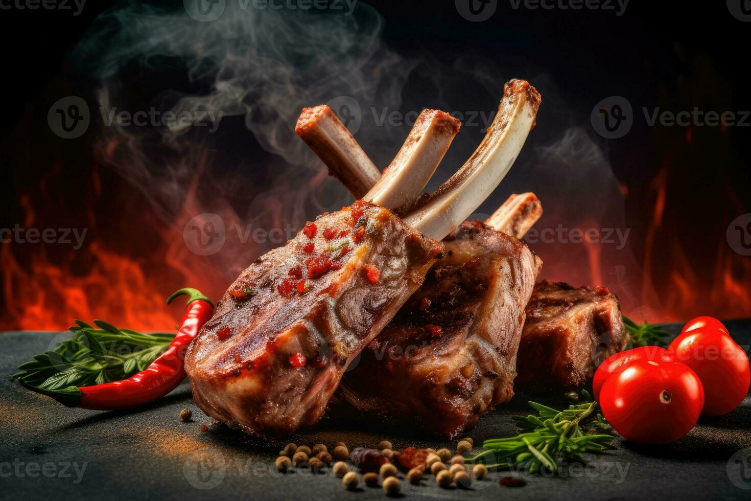 A stack of Lamb Ribs meat with smoke and pepper on the side ready to eat photo