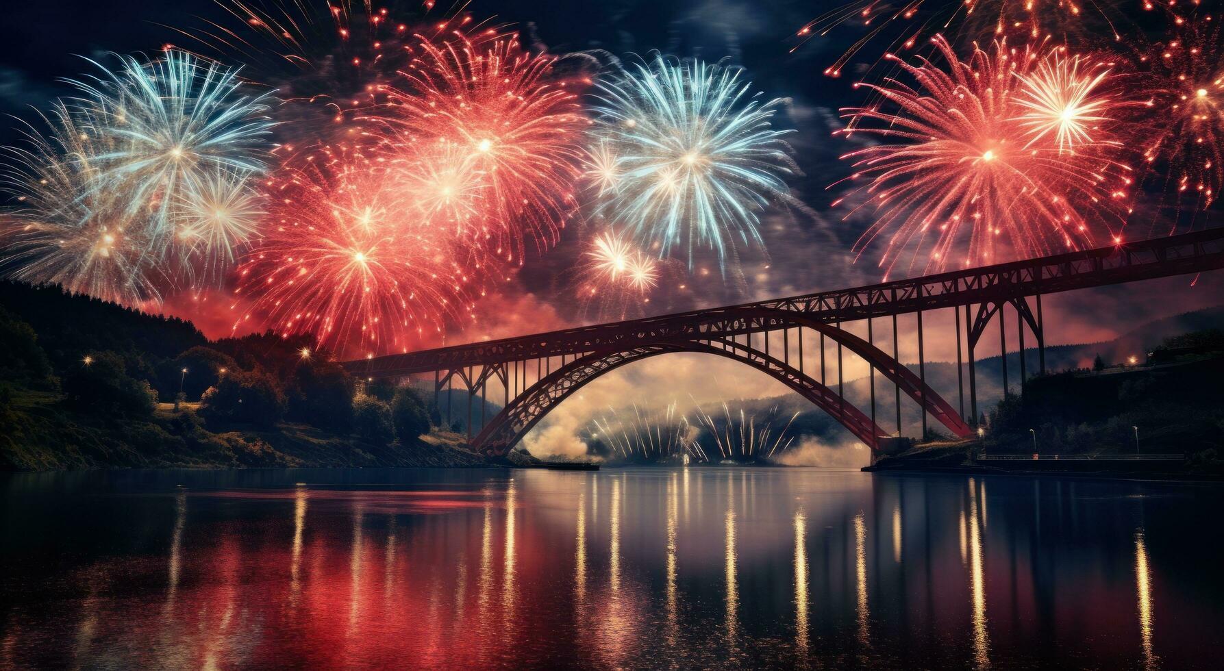 Bright fireworks in night sky photo