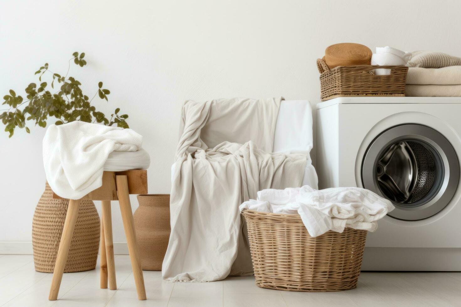 A laundry basket next to washing machine in a room photo