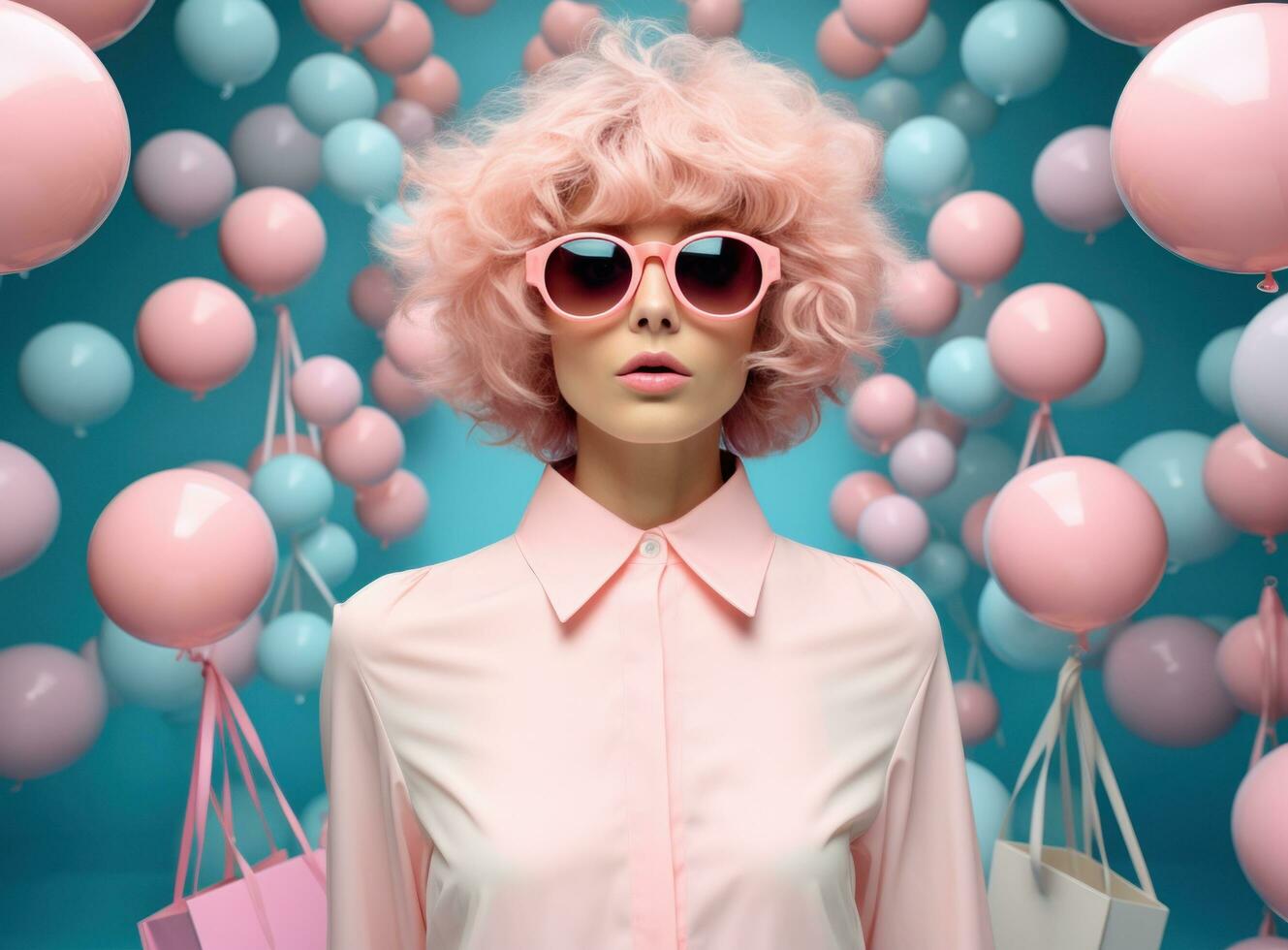 Beaitufil girl with shopping bag against vivid background photo