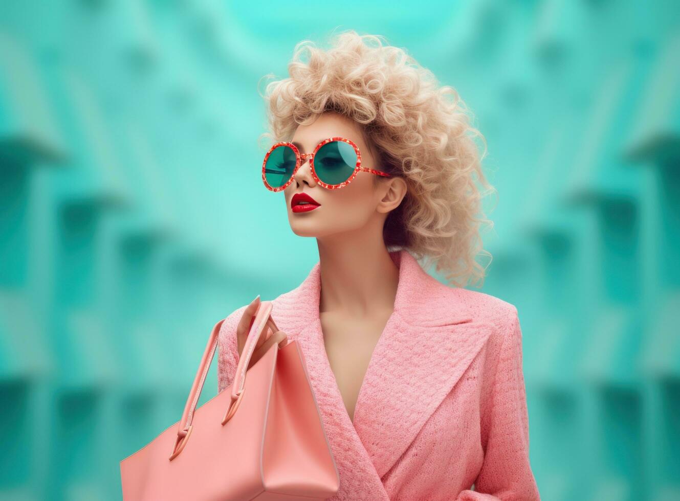 Beaitufil girl with shopping bag against vivid background photo