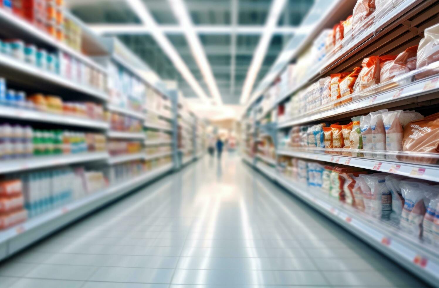 Blurred background in the main aisle of supermarket photo