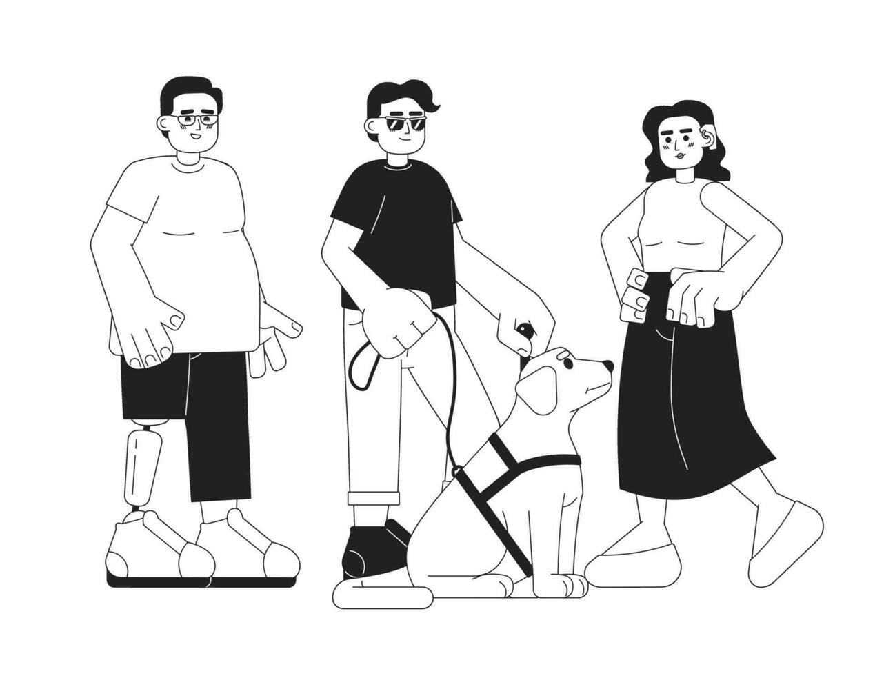 Disabilities diversity black and white cartoon flat illustration. Blind man with guide dog, man prosthetic leg, hearing aid woman linear 2D characters isolated. Monochromatic scene vector image