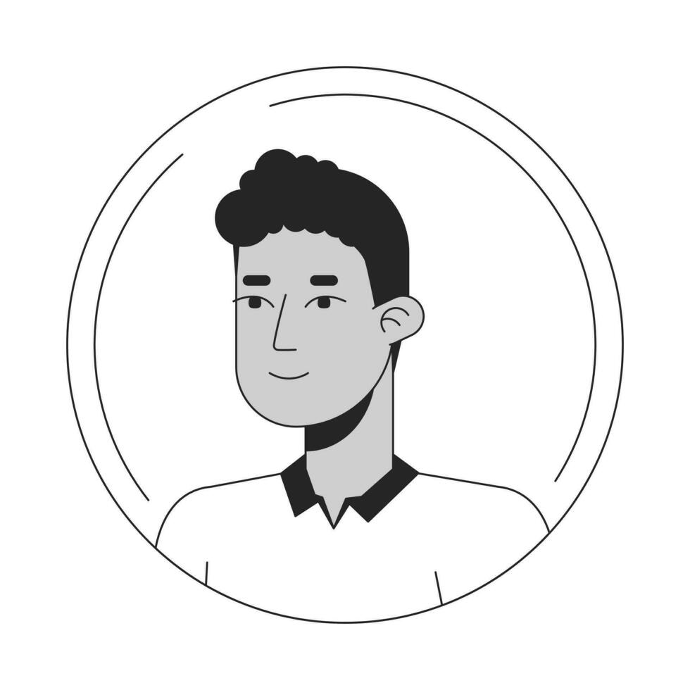 Young hispanic boy black white cartoon avatar icon. Man smiling. Teammate. Editable 2D character user portrait, linear flat illustration. Vector face profile. Outline person head and shoulders