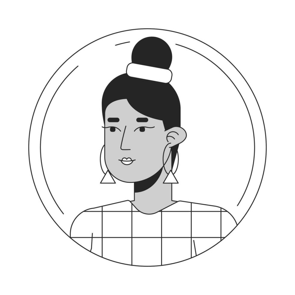 Pretty hispanic woman black white cartoon avatar icon. Bun hairstyle. Editable 2D character user portrait, linear flat illustration. Vector face profile. Outline person head and shoulders