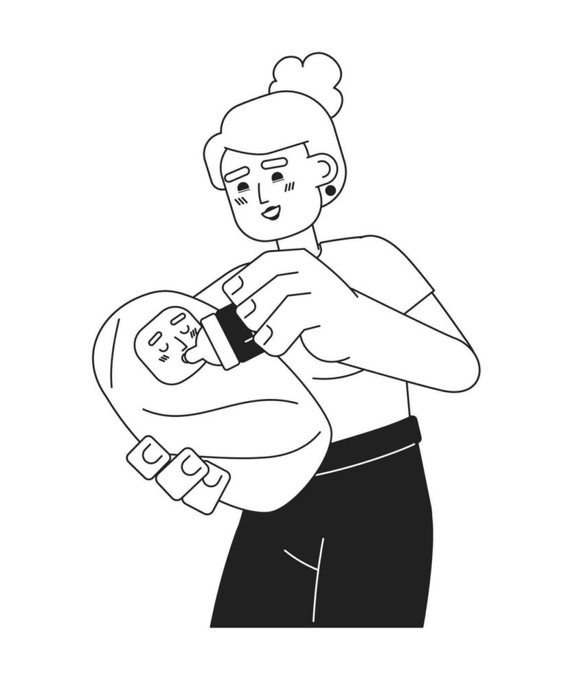 Excited mom feeding baby monochromatic flat vector character. Parenthood. Taking care of baby. Editable thin line full body person on white. Simple bw cartoon spot image for web graphic design