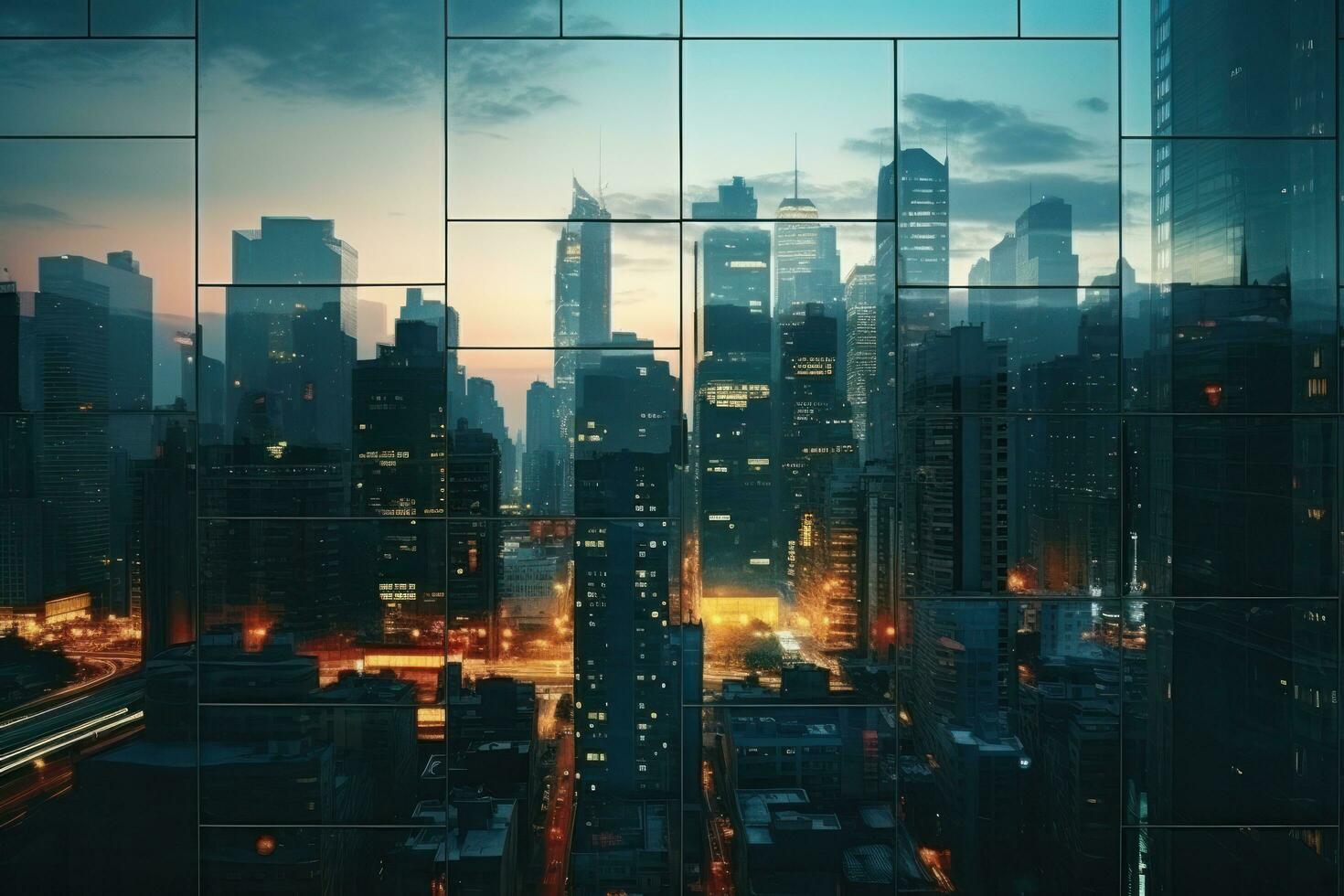 A city downtown with buildings reflecting in the sun photo