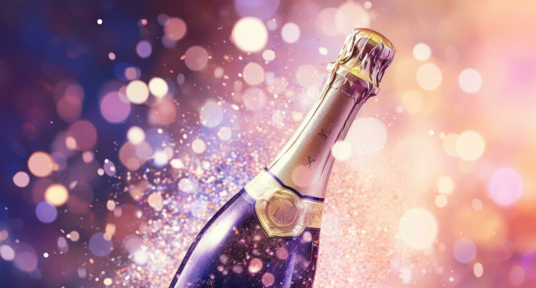 Glitter background with champagne bottle photo