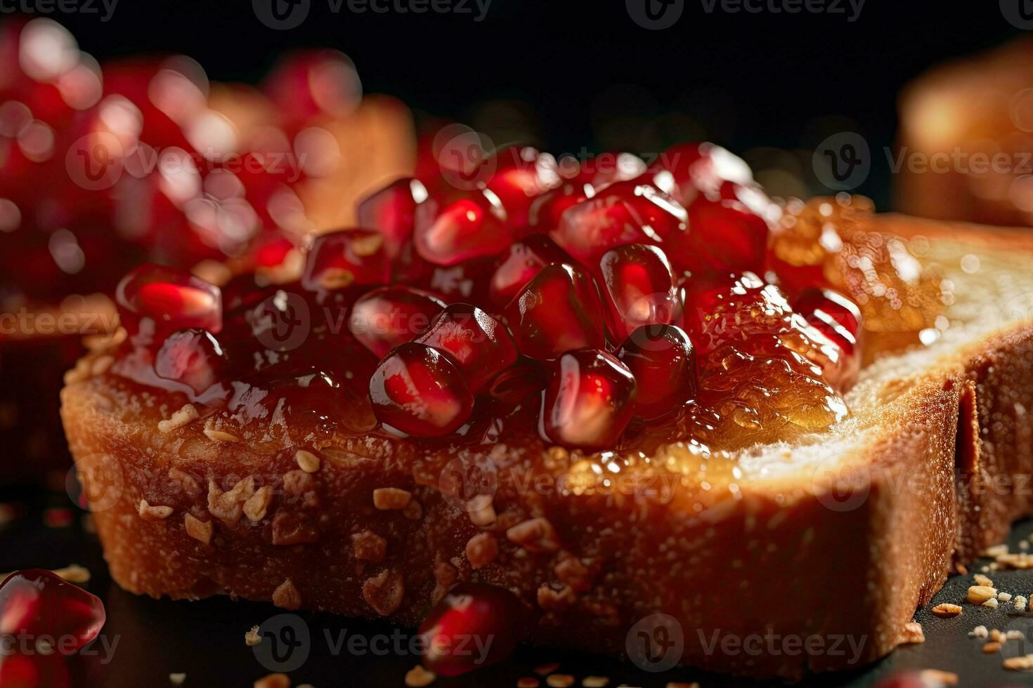 Pomegranate toast, macro shot of a fresh breakfast with Dripping Honey, AI Generated photo