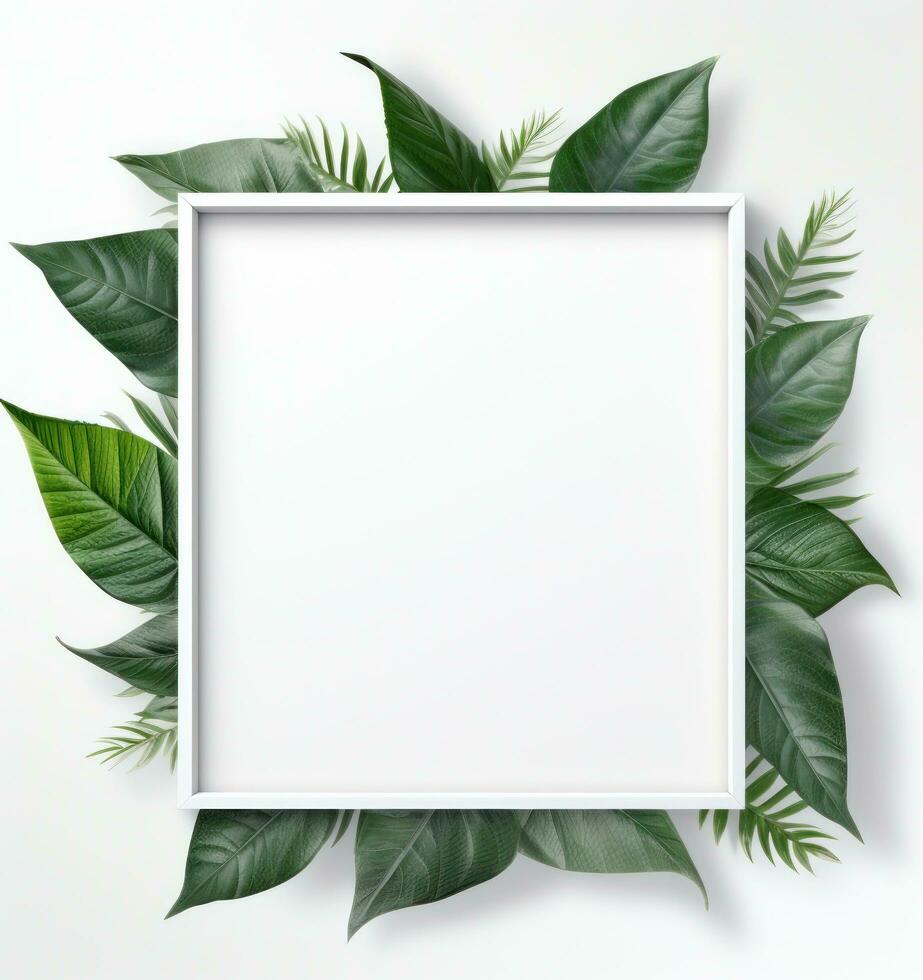 Natural empty frame with green leaves photo