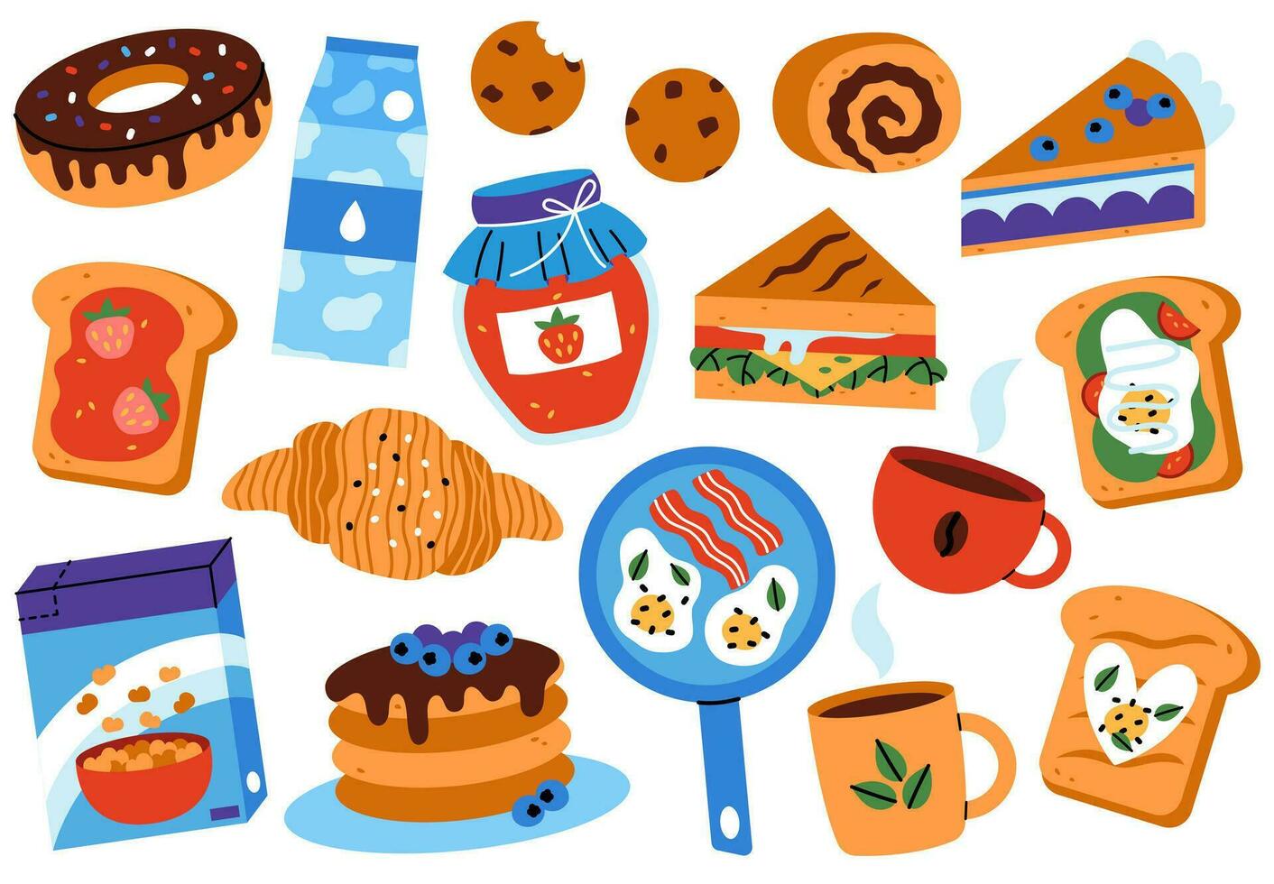 Set of breakfast elements. Cute hand drawn pictures of sandwich, toast, pie, jam, fried eggs, pancakes, milk, tea, coffee. Flat vector illustration.