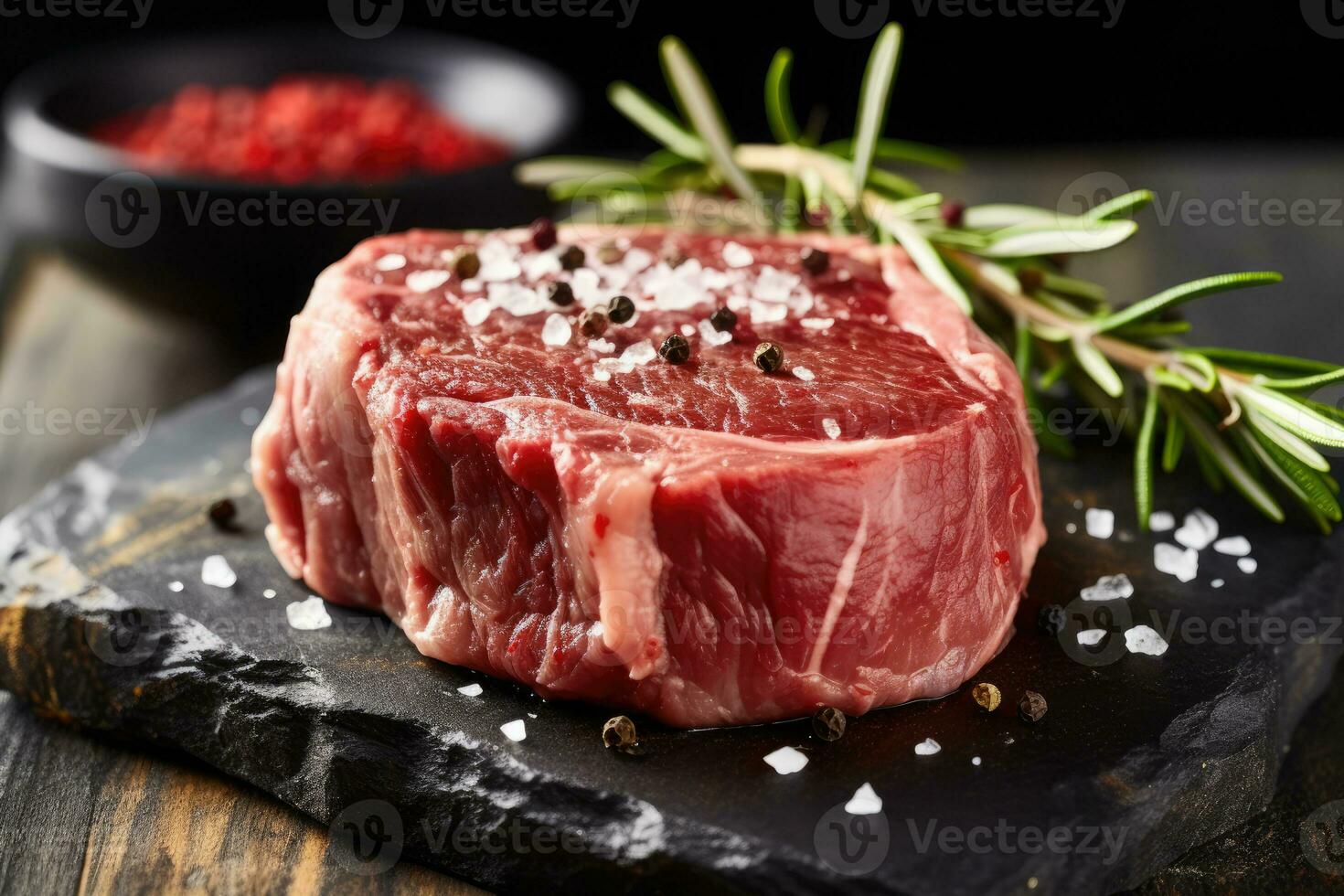 Raw beef filet Mignon steak on a wooden Board with peppers and herbs, AI Generated photo