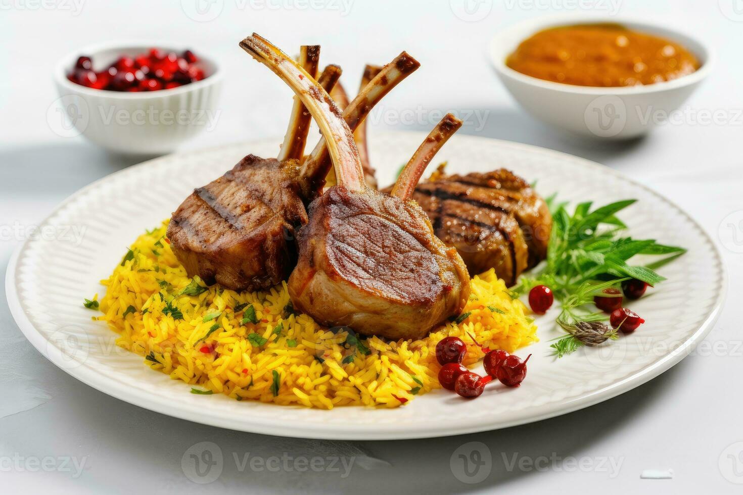 Lamb Shank Biryani Rice with lemon and mint on top Generative AI photo