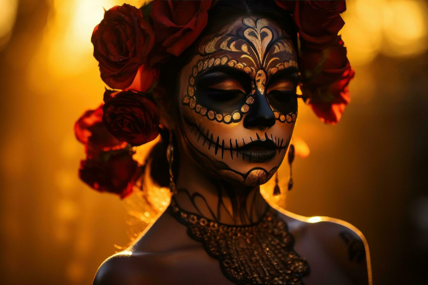 Beautiful young lady with sugar skull makeup photo