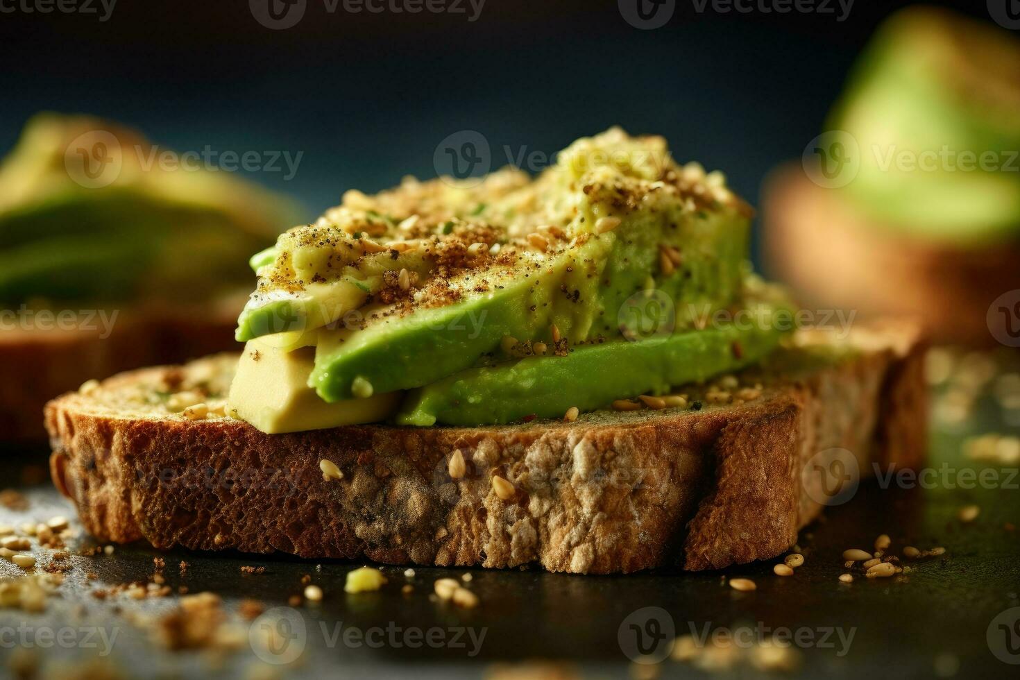 Sliced Avocado toast with sesame seeds on it Generative AI photo