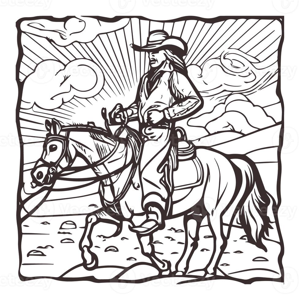 Rodeo western vintage cowboy hand drawn artwork. Cowboy coloring page vector photo