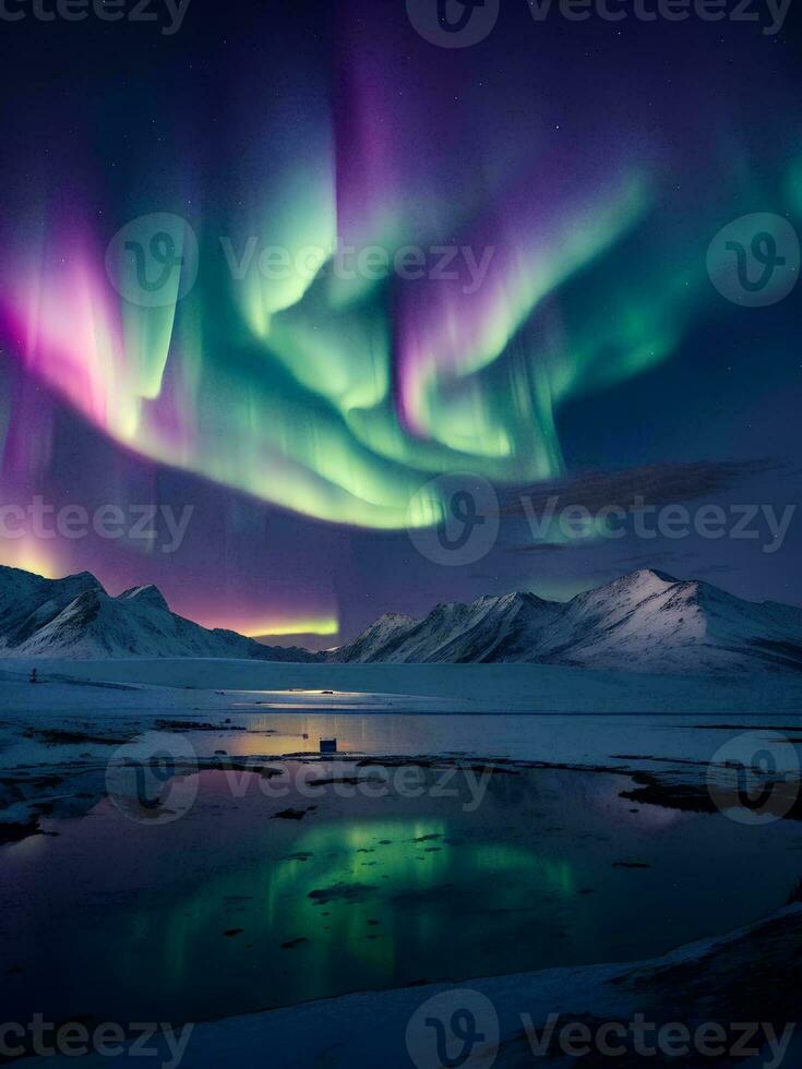 AI Generative Aurora over the mountains and lake photo