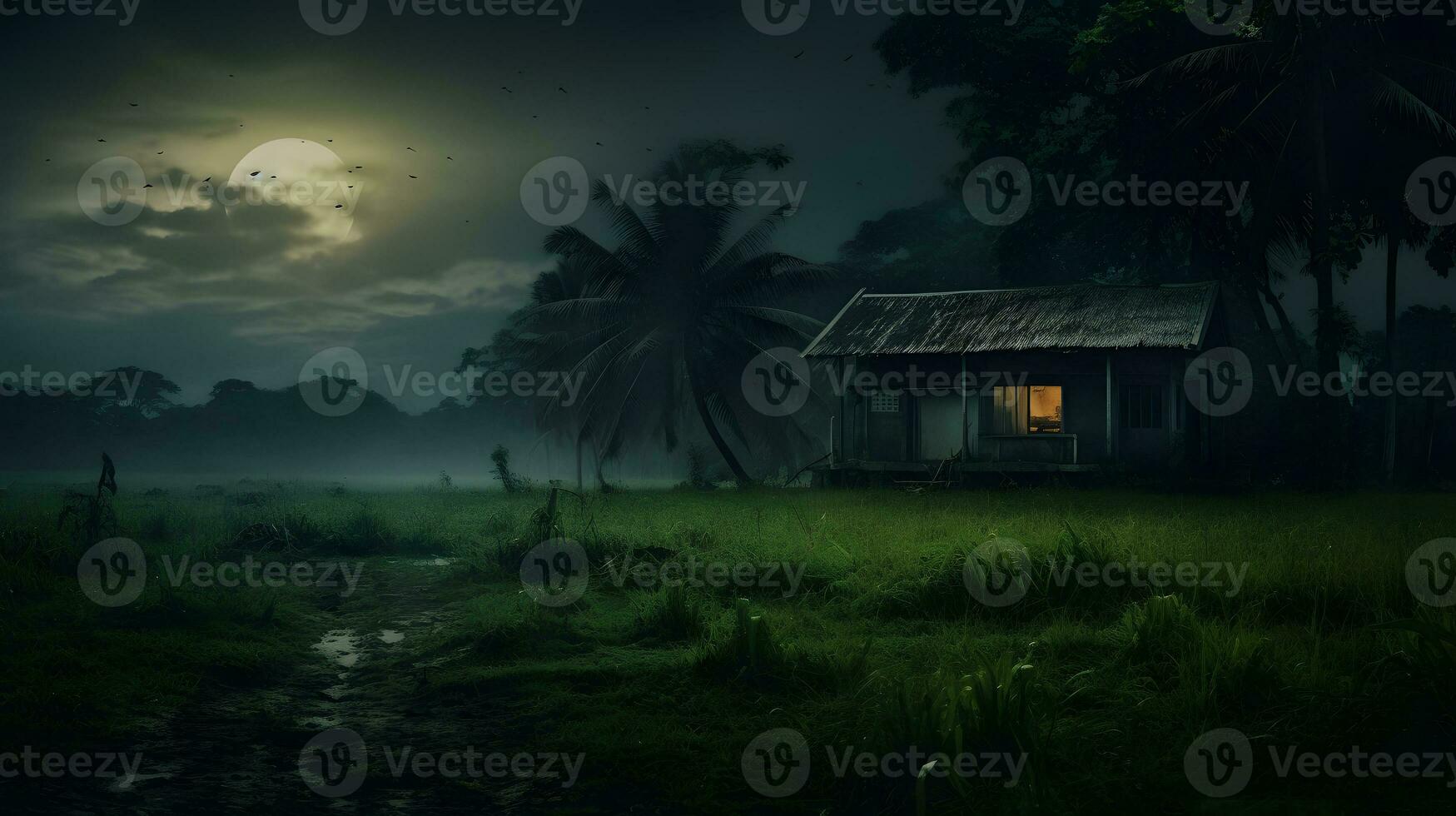 house in the rice field at night with full moon photo