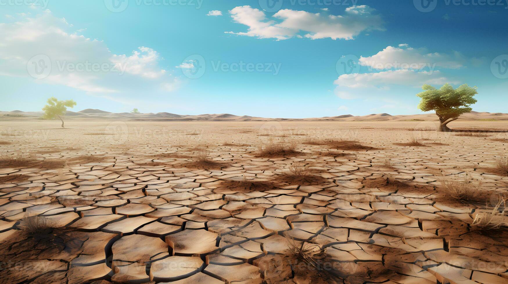 Dry land with cracked ground and tree. Global warming concept photo