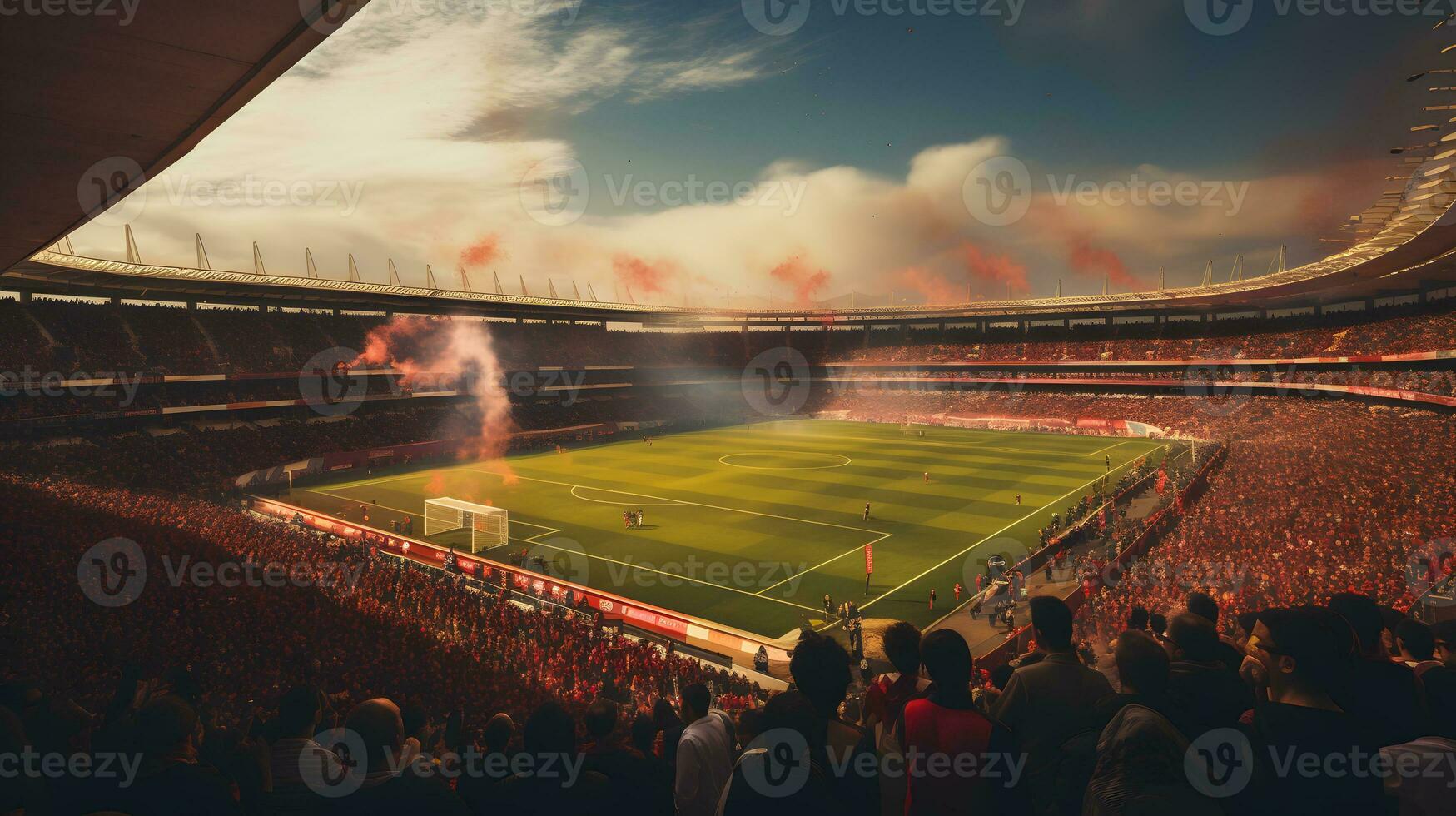 Football stadium with full of fans and players during the match. Blurred background photo