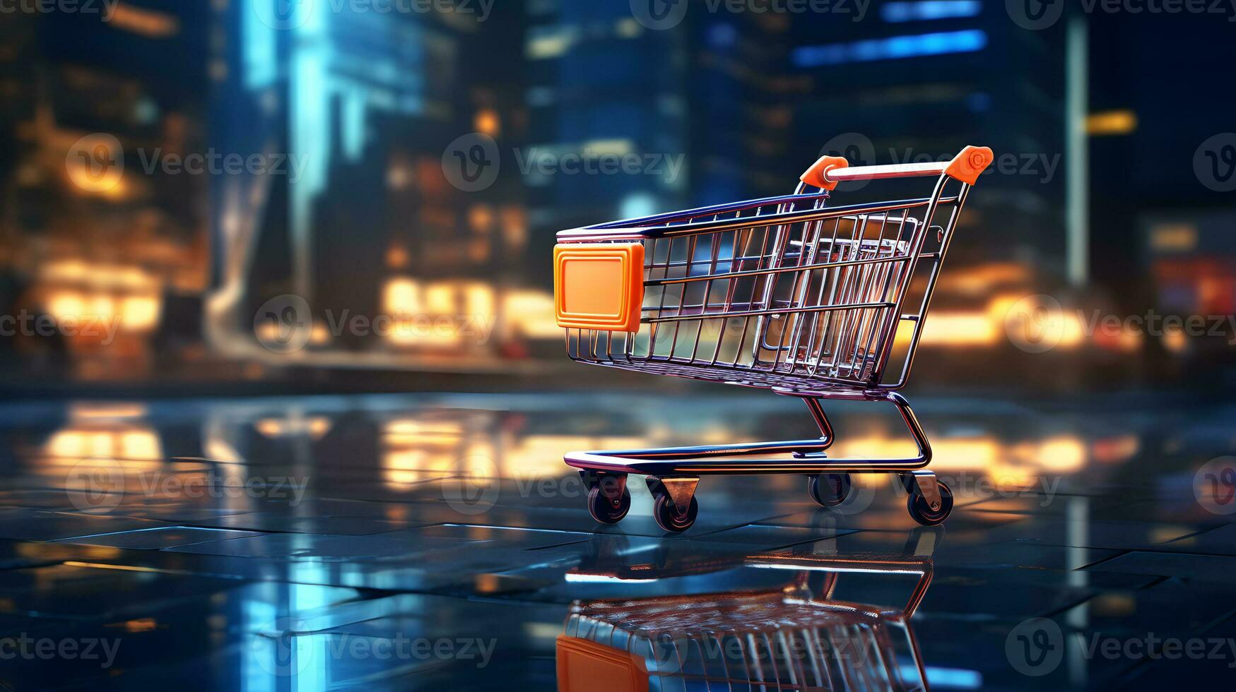 Shopping cart in blurry night city background photo